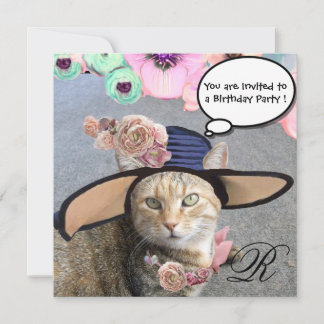 ELEGANTE KATZE,GROSSE DIVA HAT UND ROSE GEBURTSTAG EINLADUNG
