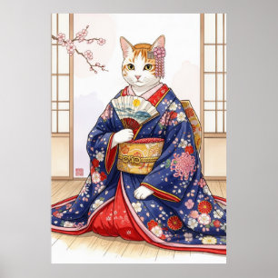 Elegante Katze im traditionellen japanischen Kimon Poster