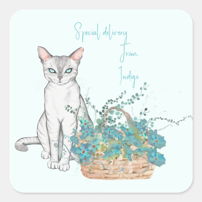 Elegante Katze mit Blume-Korbkleber oder Etiketten Quadratischer Aufkleber (Vorderseite)