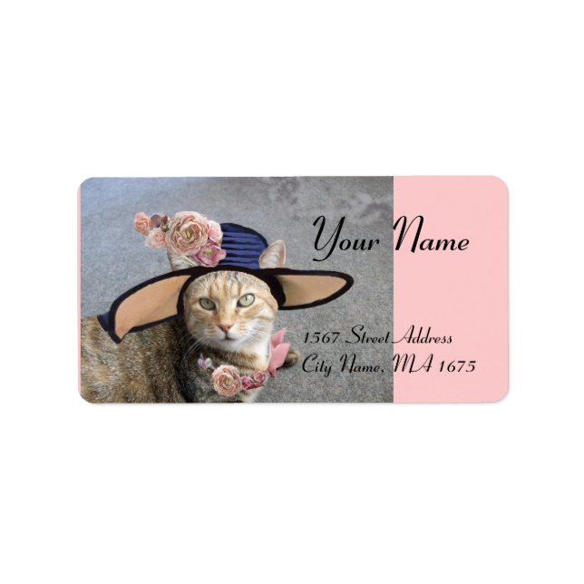 ELEGANTE KATZE MIT GROSSEM DIVA HAT,PINK ROSES ADRESSAUFKLEBER (Vorne)