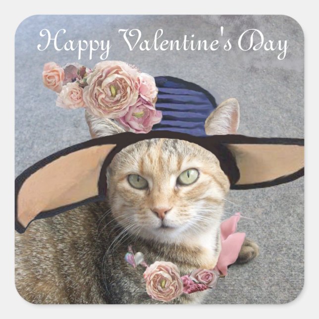 ELEGANTE KATZE MIT GROSSEM DIVA HAT,PINK ROSES QUADRATISCHER AUFKLEBER (Vorderseite)