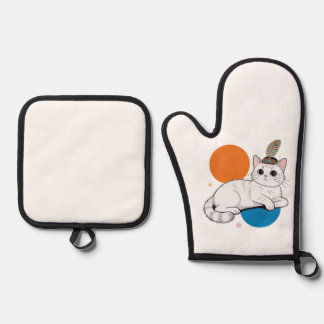 Elegante Katze mit Pfauenfeder-Kopfschmuck Ofenhandschuh & Topflappen-Set