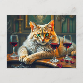 Elegante Katze mit Roter Weingläser Postkarte