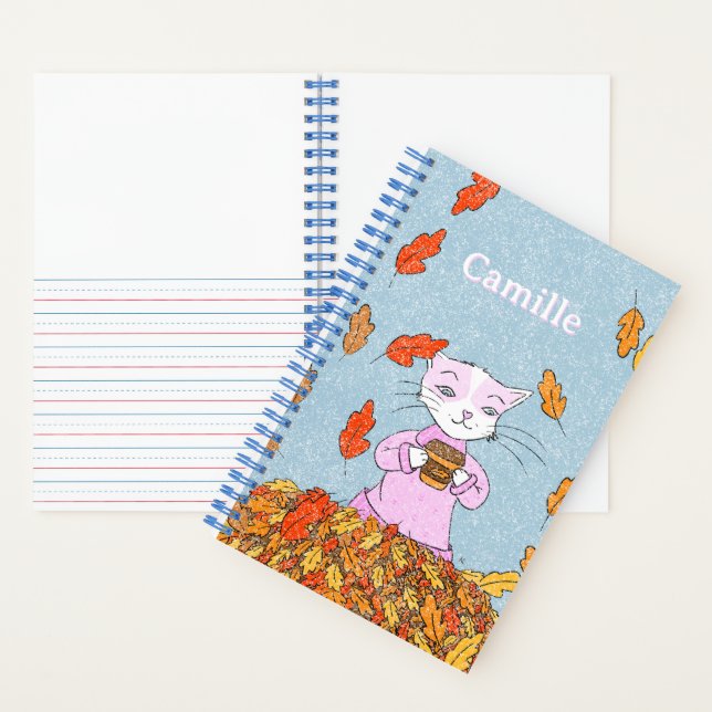 Elegante Katze und Herbstblätter Kinder-Spiralbloc Notizbuch (Innen)
