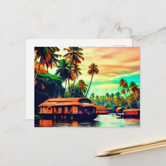 Elegante Kerala Naturlandschaft mit Kokospalmen Postkarte (Vorderseite/Rückseite Beispiel)