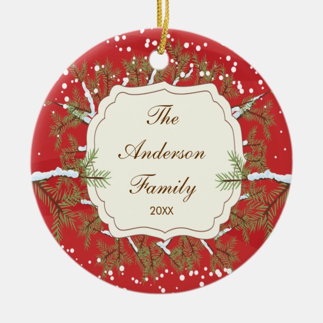 Elegante Kiefer Branche datiertes Keramik Ornament (Vorne)