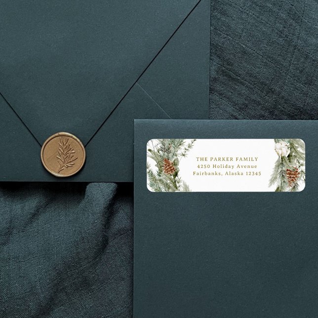 Elegante Kiefernwälder und Grünanlagen | Gold Weih (Elegant holiday return address labels with a traditional Christmas wreath)