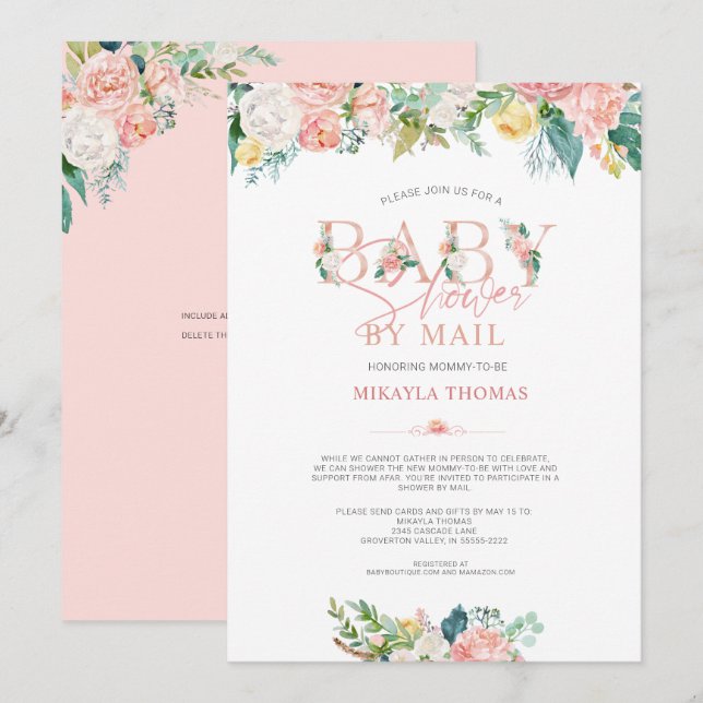 Elegante Kinderdusche per Mail Rose Gold Pink Blüt Einladung (Vorne/Hinten)