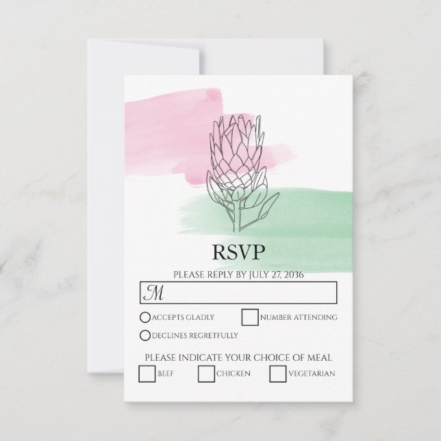 Elegante King Protea Watercolor Wedding RSVP Cards (Vorderseite)