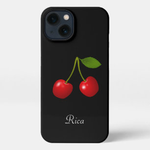 Elegante Kirschenfrüchte & Name auf Schwarz iPhone Hülle