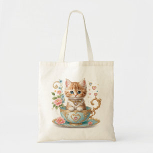 Elegante Kitten in Teacup - Blumendesign - Tragetasche