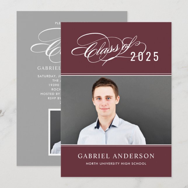 Elegante Klasse der Red Foto Graduation Party 2025 Einladung (Vorne/Hinten)