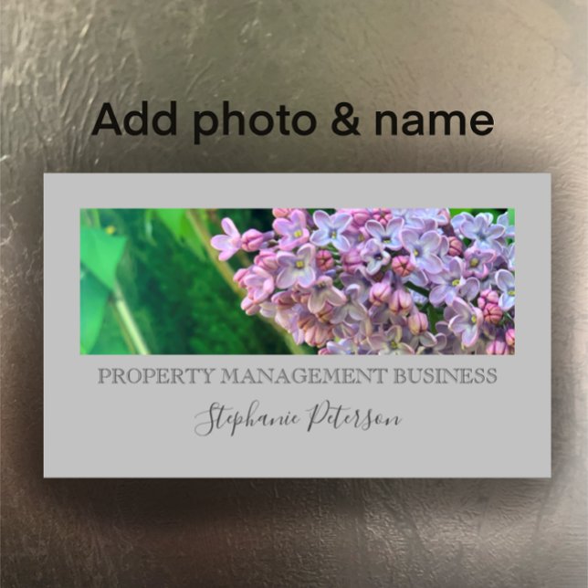 Elegante Klasse Lilac Custom Foto Gray Management Visitenkarte (Customize this business card template with your photo and personal details.)