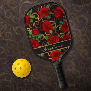 Elegante Klassik Damask Vintage Rote Rose Schwarze Pickleball Schläger