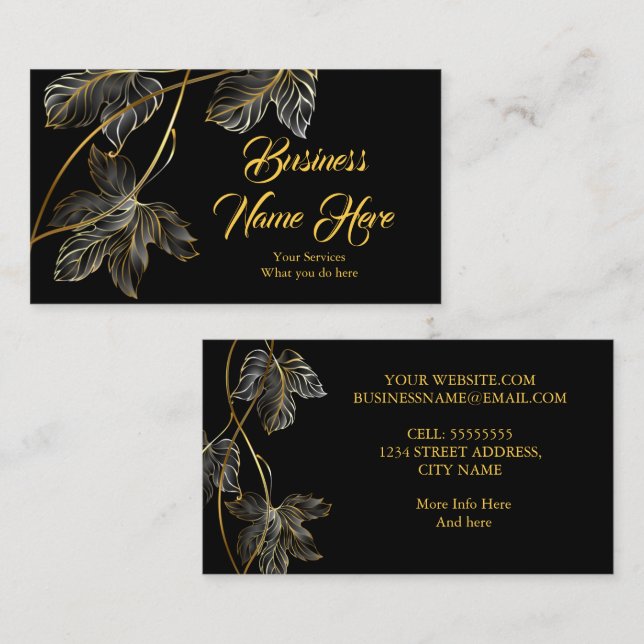 Elegante klassische Black Gold Blätter Visitenkarte (Vorne/Hinten)