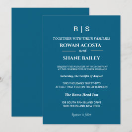 Elegante klassische blaue Monogramm-Hochzeitseinla Einladung