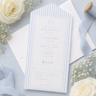 Elegante klassische blaue Streifen-Monogramm-Hochz All In One Einladung