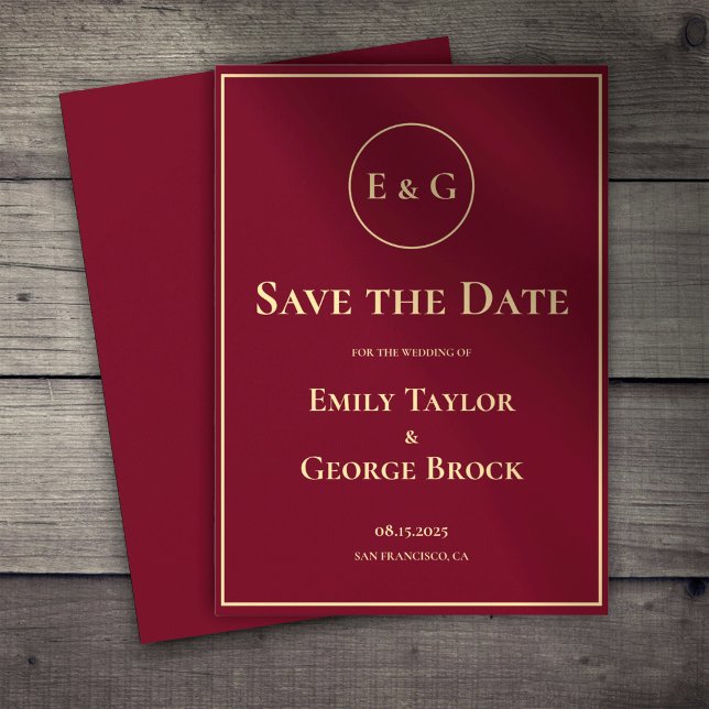 Elegante klassische Burgundy Gold Monogram Chic We Save The Date (Von Creator hochgeladen)
