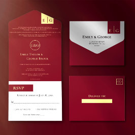Elegante klassische Burgundy Gold Monogram Wedding All In One Einladung