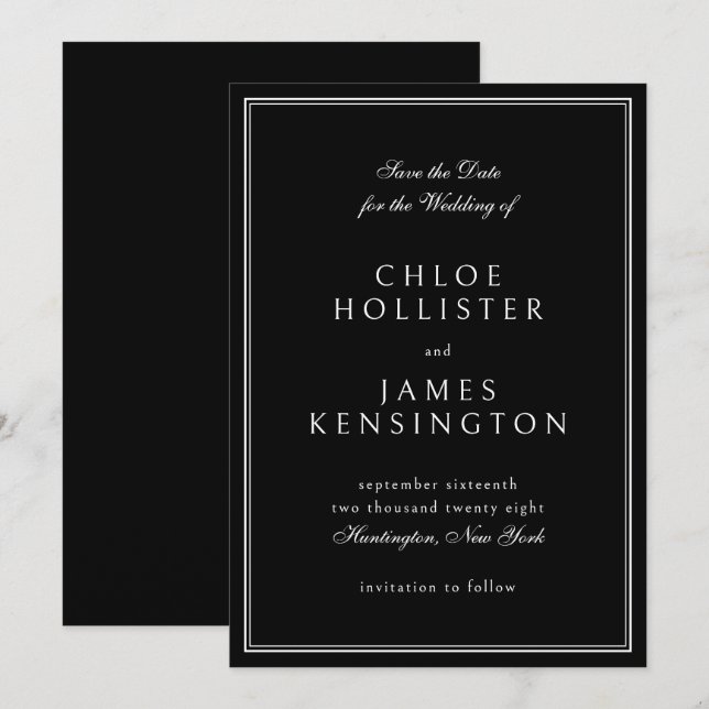 Elegante klassische feierliche Schwarz-weiße Hochz Save The Date (Vorne/Hinten)