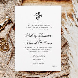 Elegante klassische formale Skriptmonogramm-Hochze Einladung