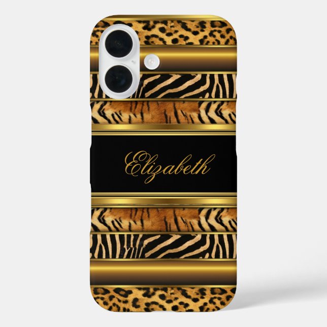 Elegante klassische Gold Mixed Animal Print iPhone 16 Hülle (Rückseite)