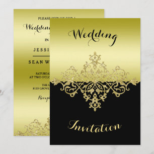 Elegante, klassische Hochzeit mit Gold und Schwarz Einladung