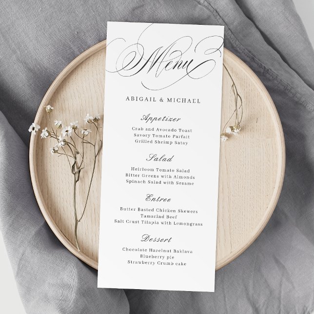 Elegante klassische Kalligrafie-Hochzeit Menükarte (Elegant classic calligraphy vintage wedding menu)