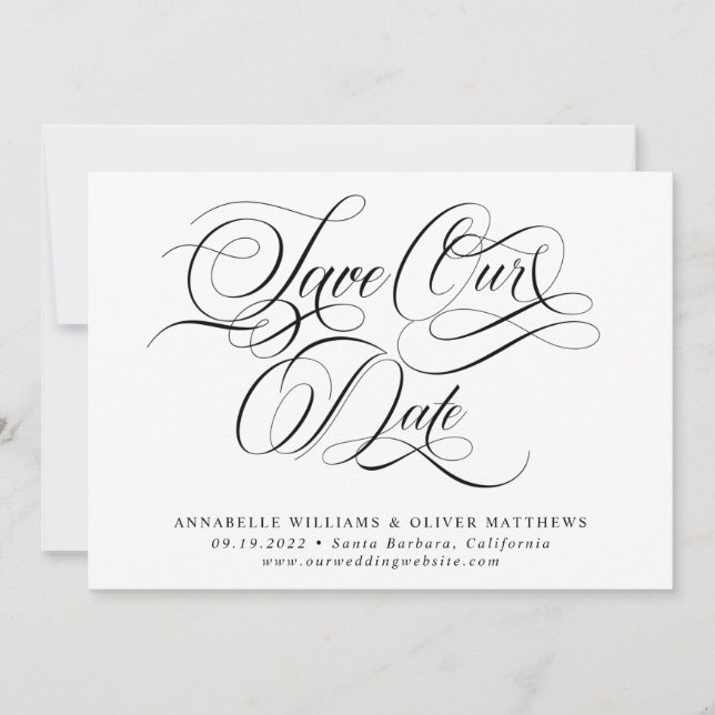 Elegante klassische Kalligrafie Schwarz & Weiß Hoc Save The Date (Vorderseite)