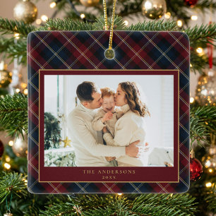 Elegante klassische Karo-Familienfoto-Weihnachten Keramikornament