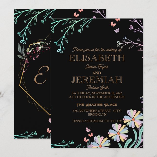 elegante klassische, luxuriöse schwarze Hochzeit Einladung (Vorne/Hinten)