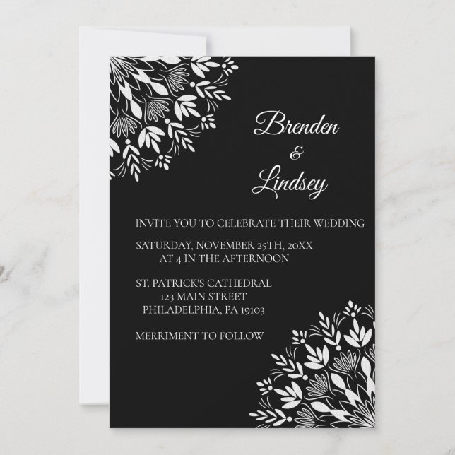 Elegante klassische moderne Schwarz-Weiß-Blumen Einladung (Vorderseite)