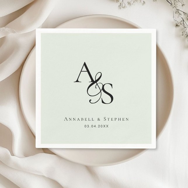 Elegante, klassische, Monogramm, hellgrüne Hochzei Serviette (Elegant, Classic, Monogram, Light-Green, Wedding Napkin with your name and date.)