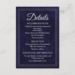 Elegante klassische navyblaue Samt-Hochzeitsdetail Begleitkarte