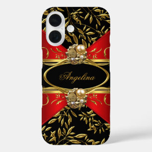 Elegante Klassische Rot-Schwarz-Gold-Damask Schmuc iPhone 16 Hülle