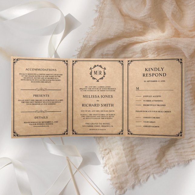 Elegante klassische Rustikale Kraft-Monogramm-Hoch Dreifach Gefaltete Einladung (Von Creator hochgeladen)