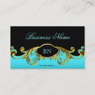 Elegante Klassische Schwarz Teal Blau Gold Blumen Visitenkarte