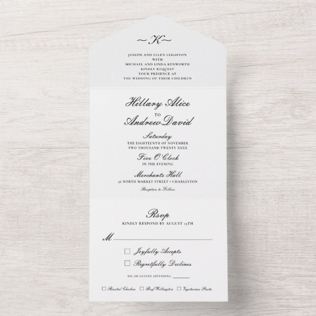 Elegante klassische Schwarz-Weiß-Dreifach-Hochzeit All In One Einladung (Innen Boden)
