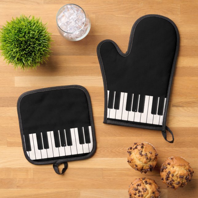 Elegante Klaviertastatur, Piano-Player Ofenhandschuh & Topflappen-Set (Oben Unten)