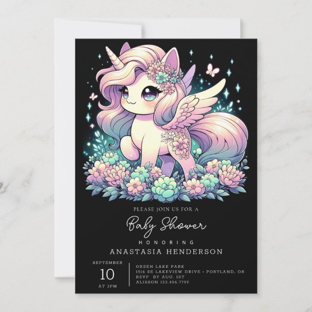 Elegante Kleine Einhorn Babydusche Einladung (Vorderseite)