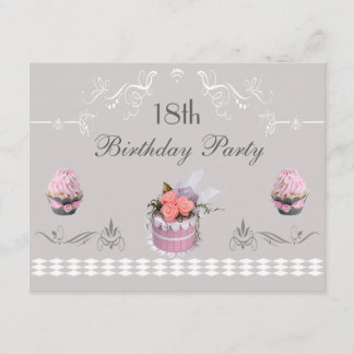Elegante kleine Kuchen Rosa u. Grau-18. Geburtstag Einladung