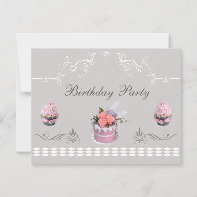 Elegante kleine Kuchen rosa u. graues Einladung (Vorderseite)