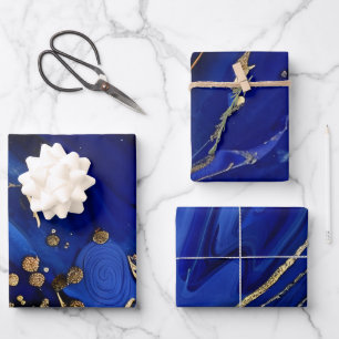 Elegante Kobaltblaue und Goldene Alkohol-Tinte-Mus Geschenkpapier Set