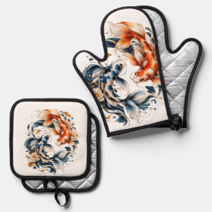 Elegante Koi-Fisch-Kreis-Kunst Ofenhandschuh & Topflappen-Set