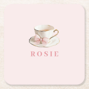 Elegante Kokette Preppy Rosa Teetasse mit Schleife Rechteckiger Pappuntersetzer
