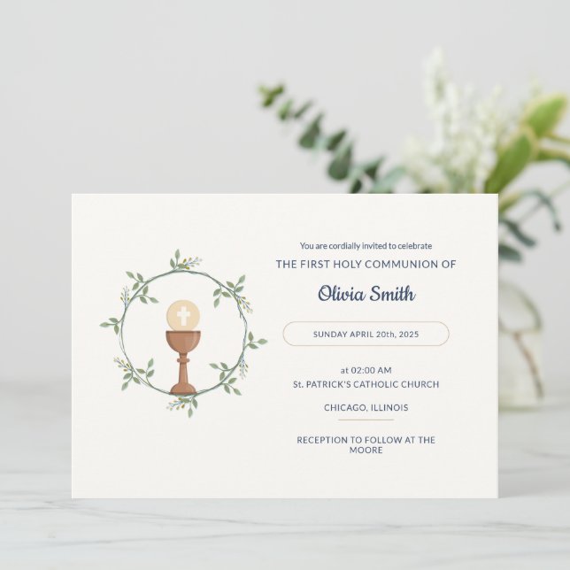 Elegante Kommunion Einladung - Blumenstrauß & Chal (Stehend Vorderseite)