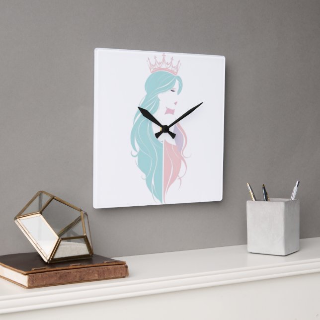 "Elegante Königin mit Krone" Pastelldesign Quadratische Wanduhr (Büro)