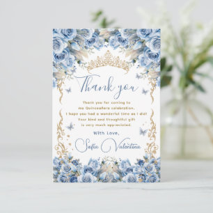 Elegante königliche Baby-Blau-Gold-Quinceañera-Kro Dankeskarte