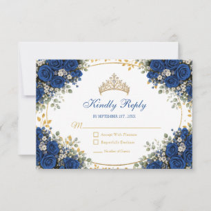 Elegante königliche blaue Rosen Goldene Quinceañer RSVP Karte