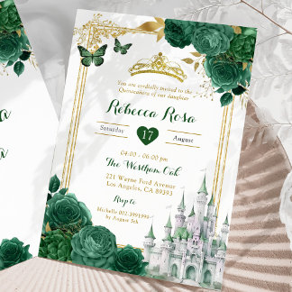 Elegante Königliche Burg Grüne Blumen Quinceñera Einladung